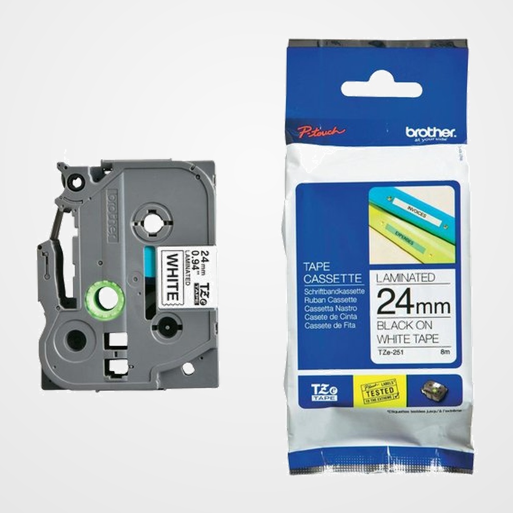 CINTA de ROTULAR BROTHER LAMINADA 8m 24mm NEGRO sobre BLANCO