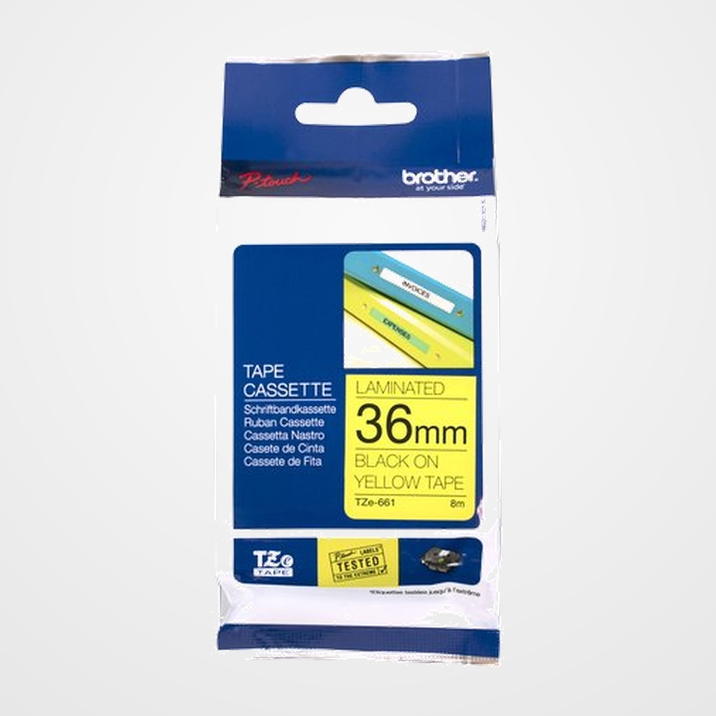 CINTA de ROTULAR BROTHER LAMINADA 8m 36mm NEGRO sobre AMARILLO