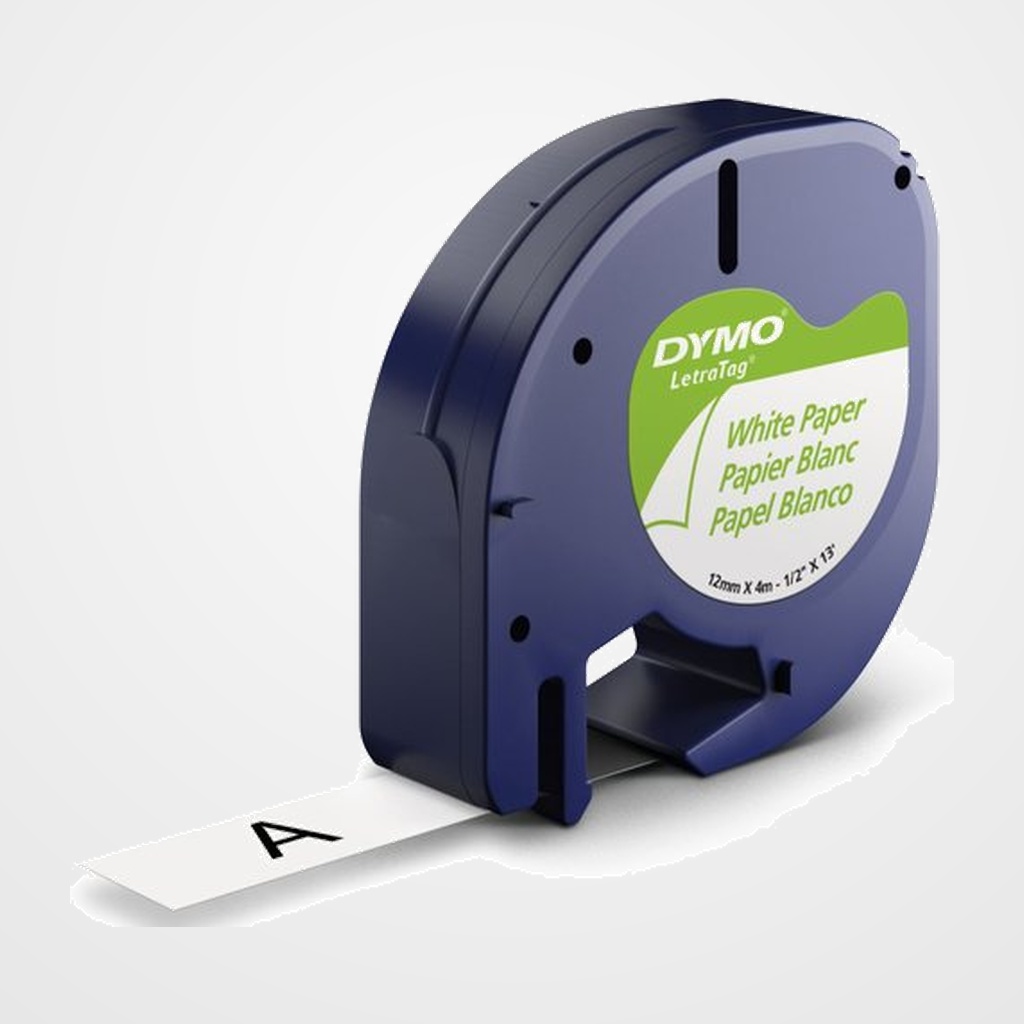 CINTA de ROTULAR DYMO LETRATAG PAPEL 4m 12mm NEGRO sobre BLANCO (91200)