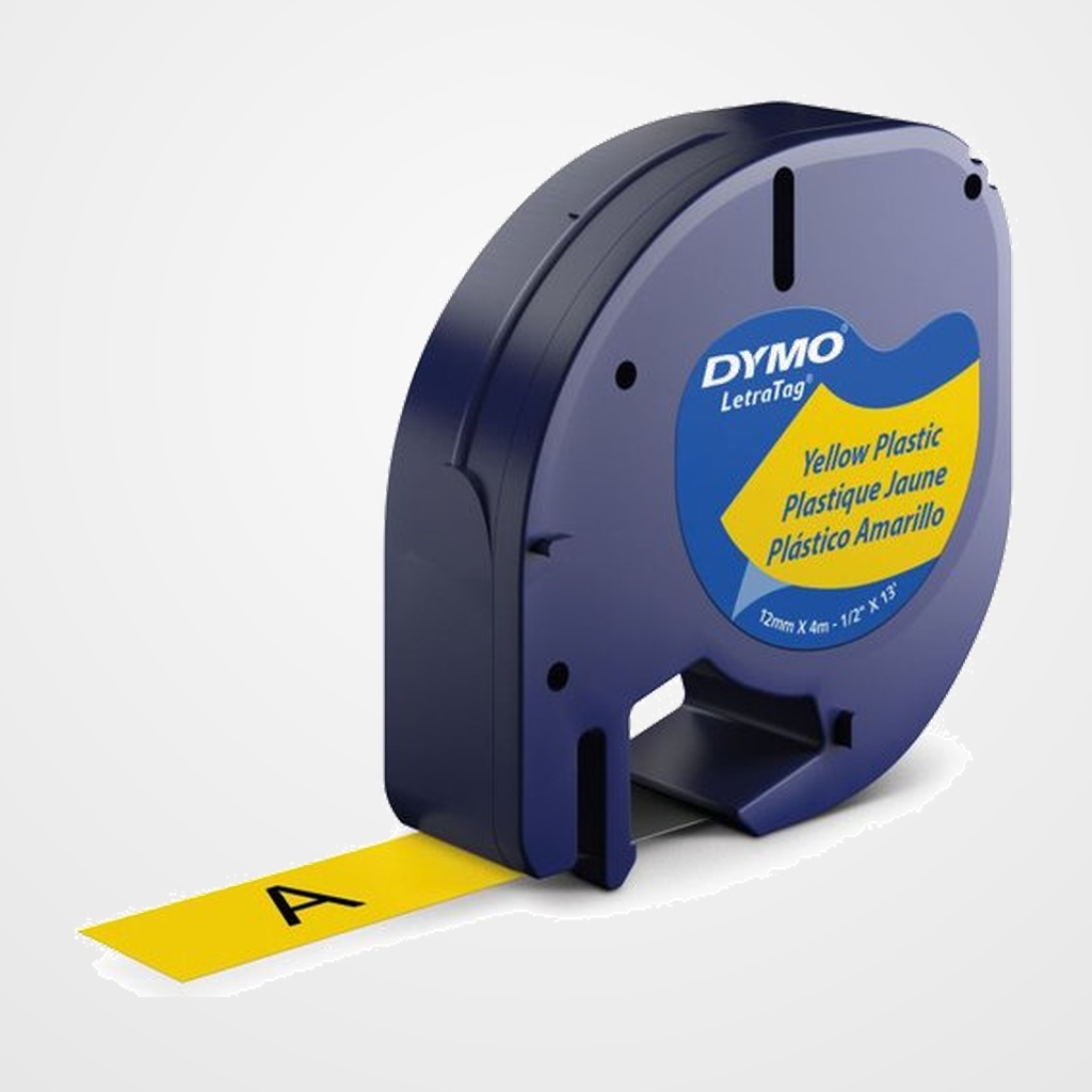 CINTA de ROTULAR DYMO LETRATAG PLASTICO 4m 12mm NEGRO sobre AMARILLO (91202)