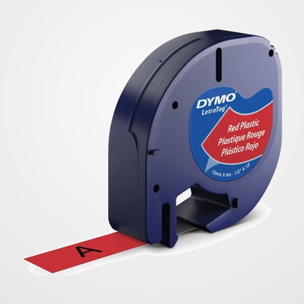 CINTA de ROTULAR DYMO LETRATAG PLASTICO 4m 12mm NEGRO sobre ROJO (91203)