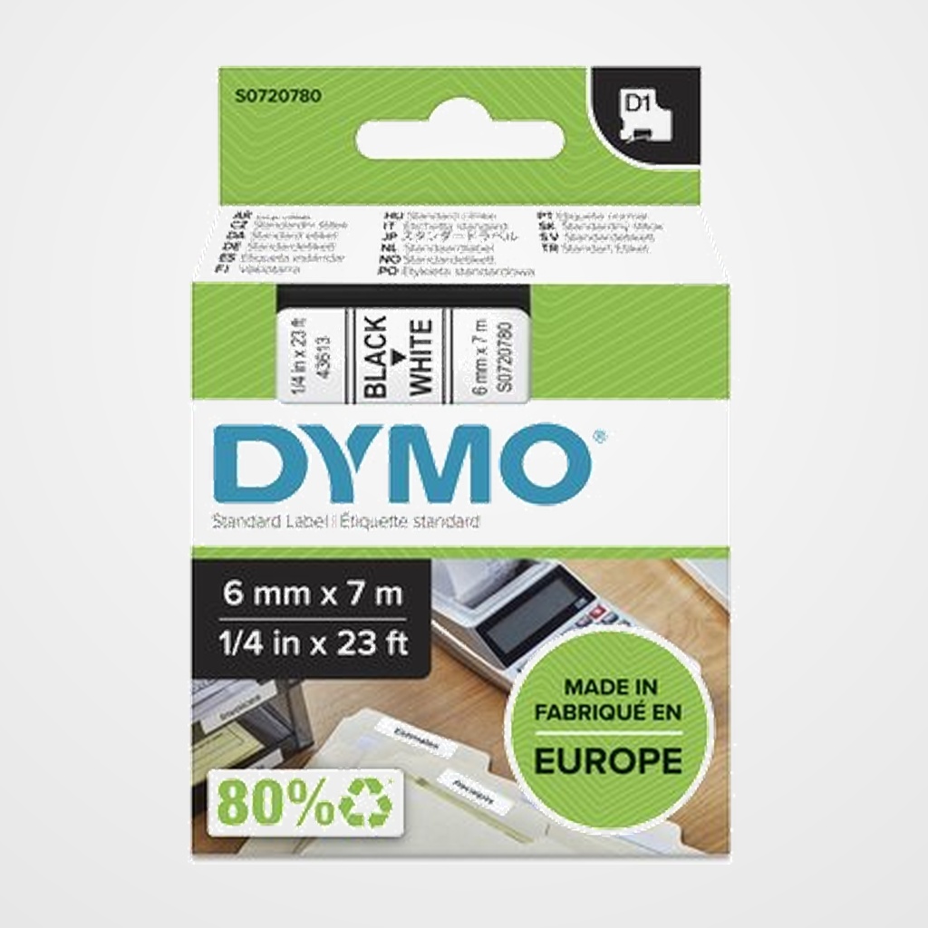 CINTA de ROTULAR DYMO LM D1 7m  6mm NEGRO sobre BLANCO (43613)