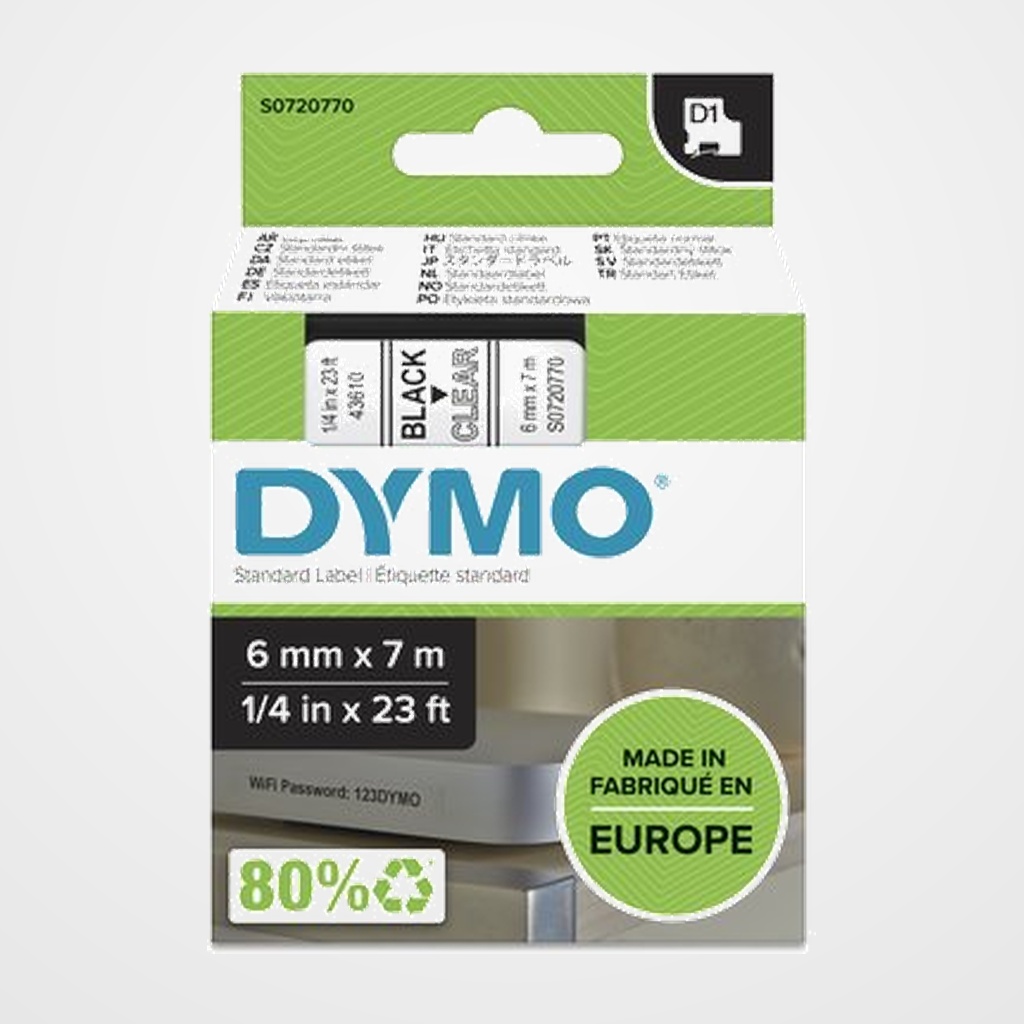 CINTA de ROTULAR DYMO LM D1 7m  6mm NEGRO sobre TRANSPARENTE (43610)