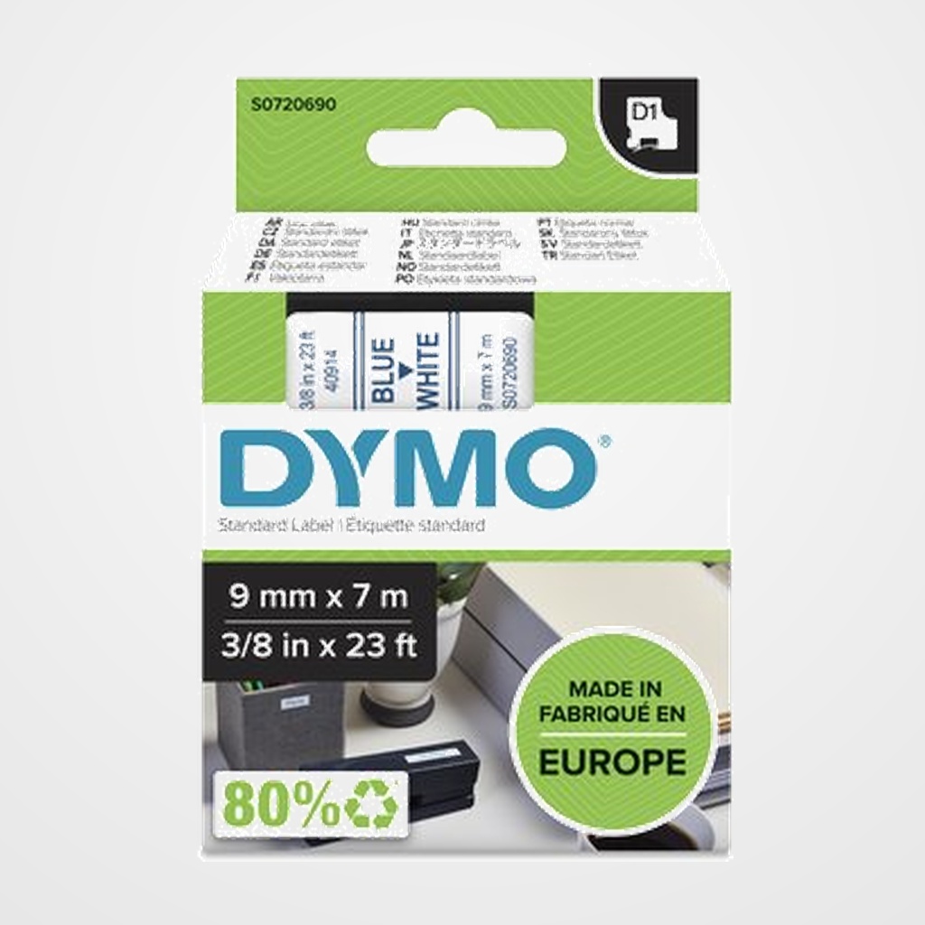 CINTA de ROTULAR DYMO LM D1 7m  9mm AZUL sobre BLANCO (40914)
