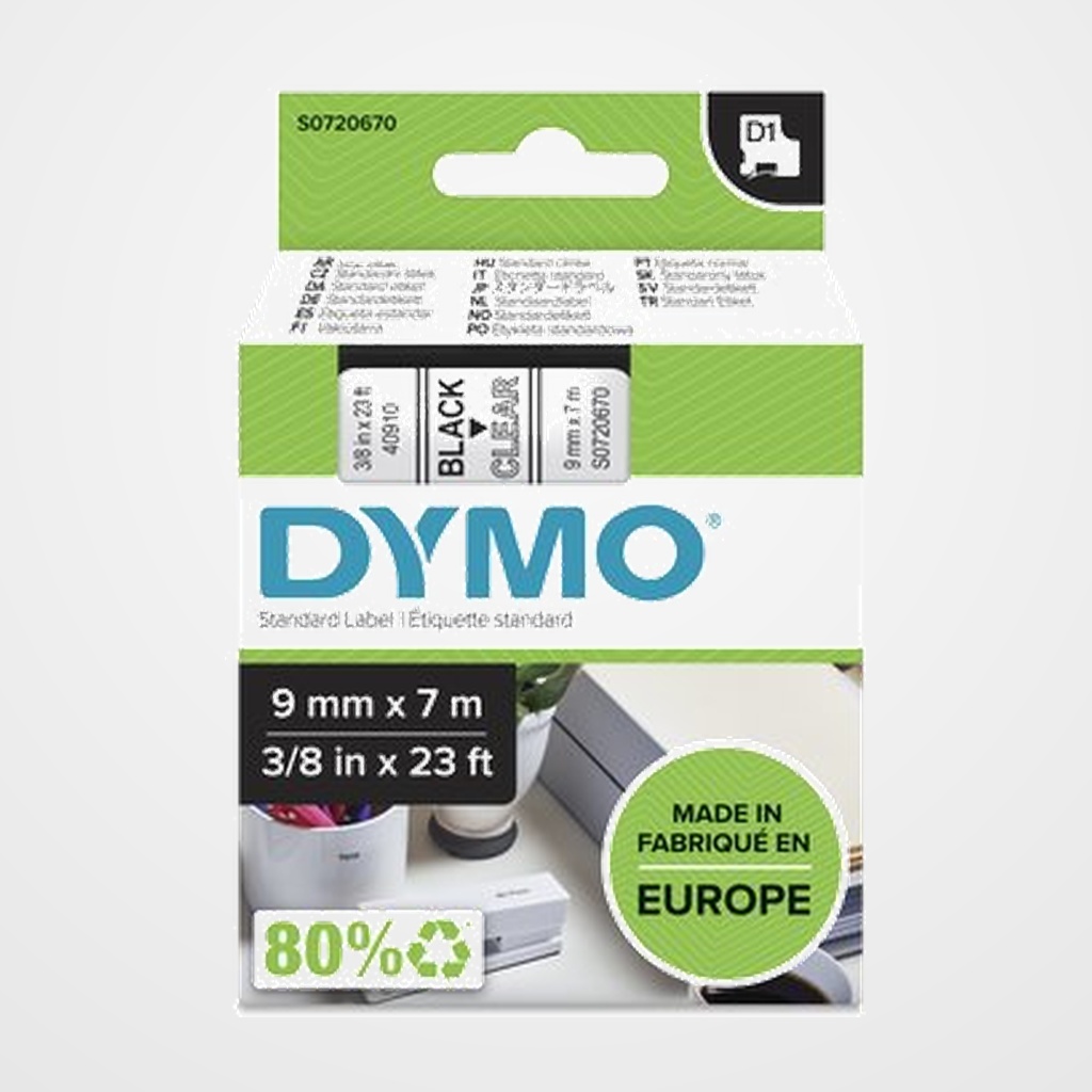 CINTA de ROTULAR DYMO LM D1 7m  9mm NEGRO sobre TRANSPARENTE (40910)