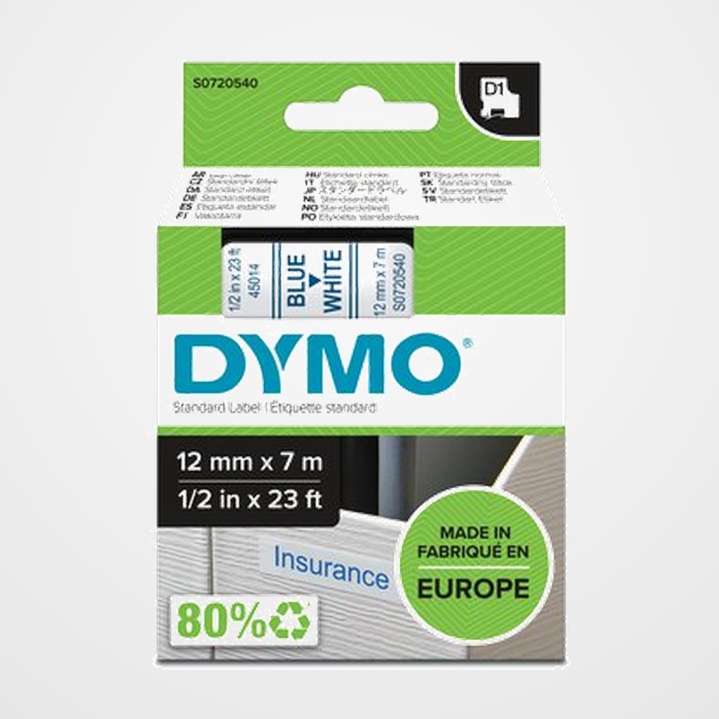 CINTA de ROTULAR DYMO LM D1 7m 12mm AZUL sobre BLANCO (45014)