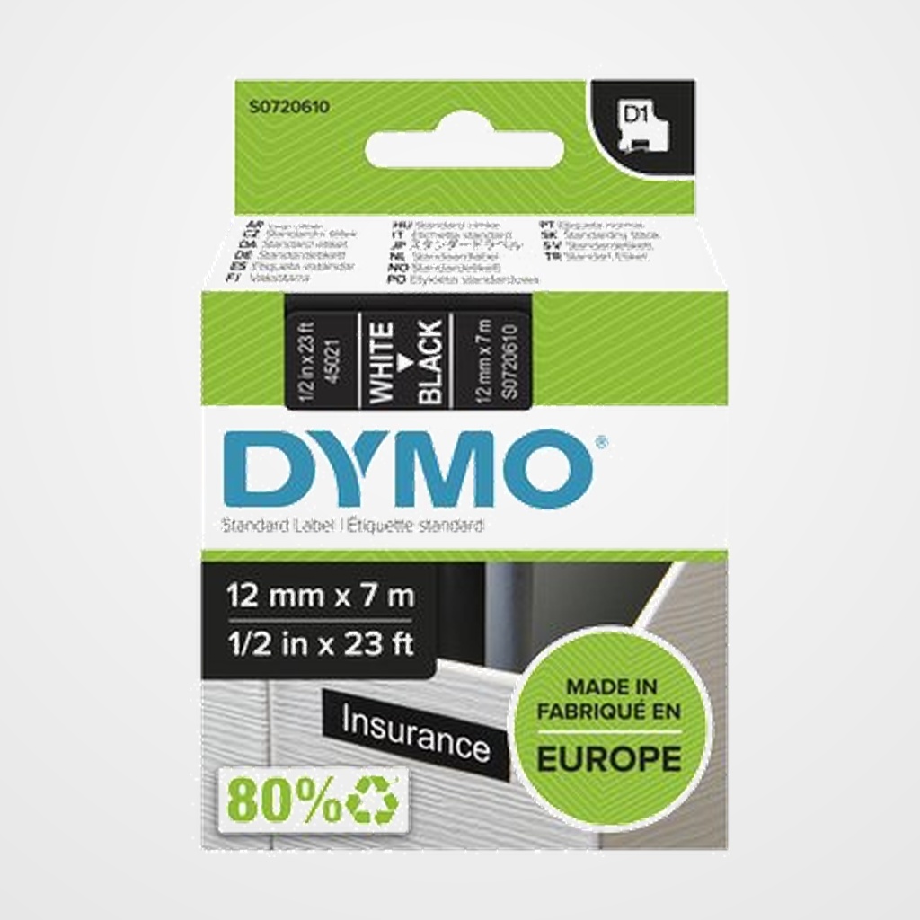 CINTA de ROTULAR DYMO LM D1 7m 12mm BLANCO sobre NEGRO (45021)