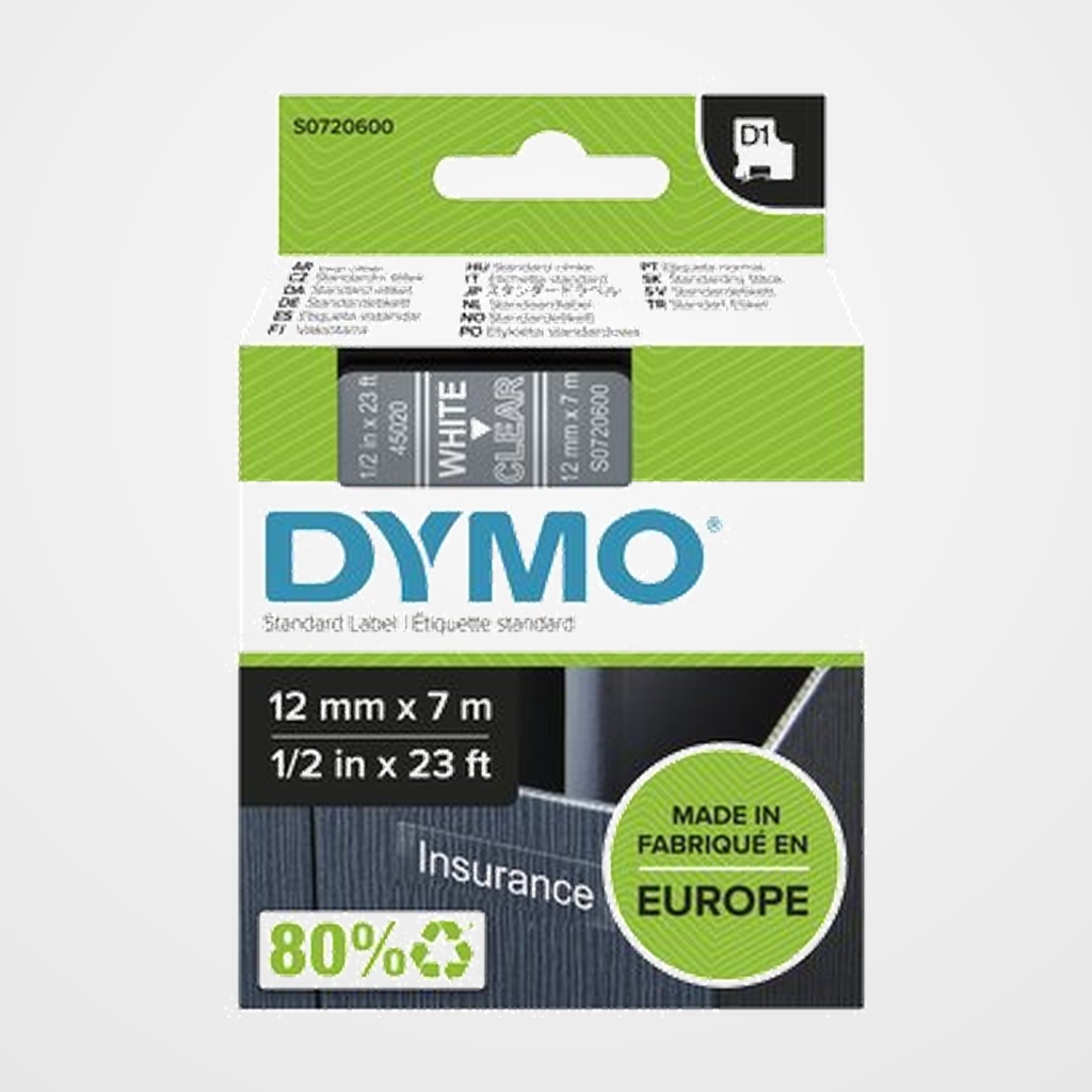 CINTA de ROTULAR DYMO LM D1 7m 12mm BLANCO sobre TRANSPARENTE (45020)