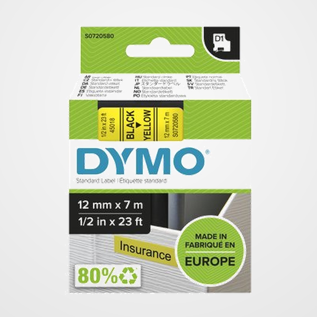 CINTA de ROTULAR DYMO LM D1 7m 12mm NEGRO sobre AMARILLO (45018)