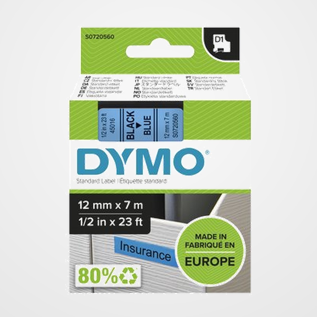 CINTA de ROTULAR DYMO LM D1 7m 12mm NEGRO sobre AZUL (45016)
