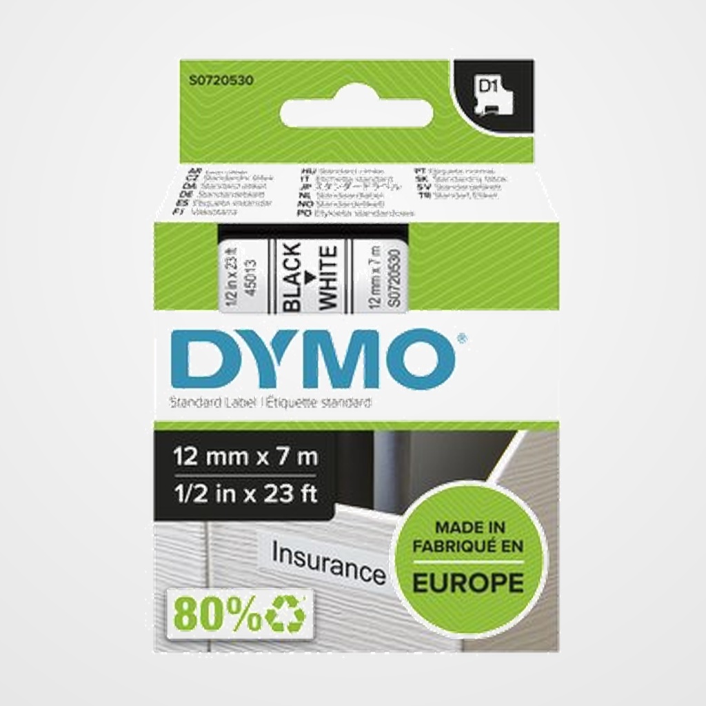 CINTA de ROTULAR DYMO LM D1 7m 12mm NEGRO sobre BLANCO