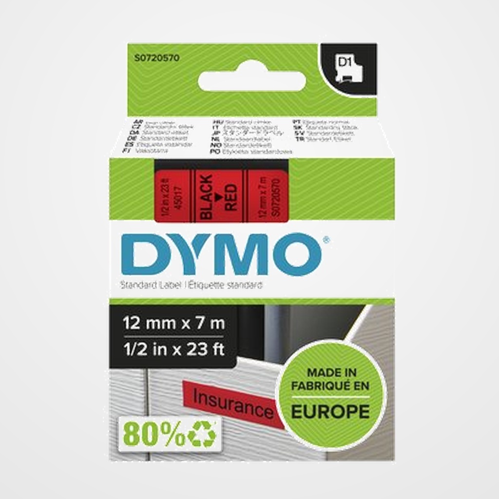 CINTA de ROTULAR DYMO LM D1 7m 12mm NEGRO sobre ROJO (45017)