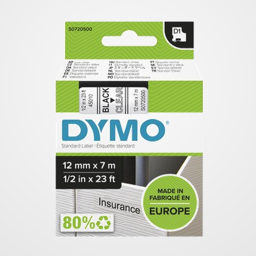 CINTA de ROTULAR DYMO LM D1 7m 12mm NEGRO sobre TRANSPARENTE (45010)