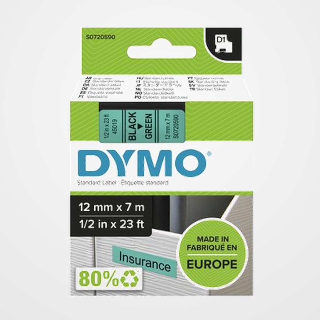 CINTA de ROTULAR DYMO LM D1 7m 12mm NEGRO sobre VERDE (45019)