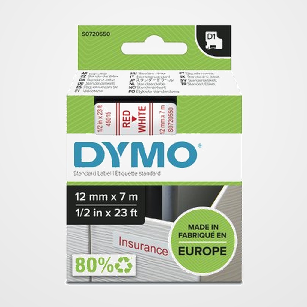 CINTA de ROTULAR DYMO LM D1 7m 12mm ROJO sobre BLANCO (45015)