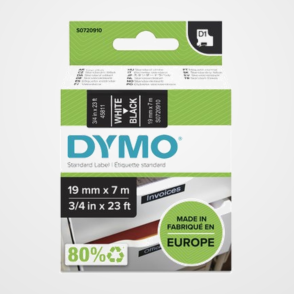 CINTA de ROTULAR DYMO LM D1 7m 19mm BLANCO sobre NEGRO (45811)