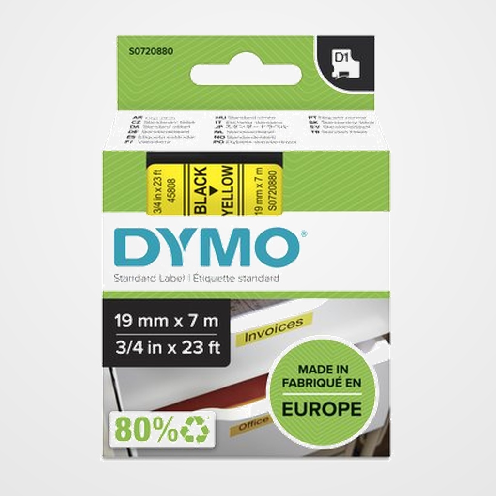 CINTA de ROTULAR DYMO LM D1 7m 19mm NEGRO sobre AMARILLO (45808)