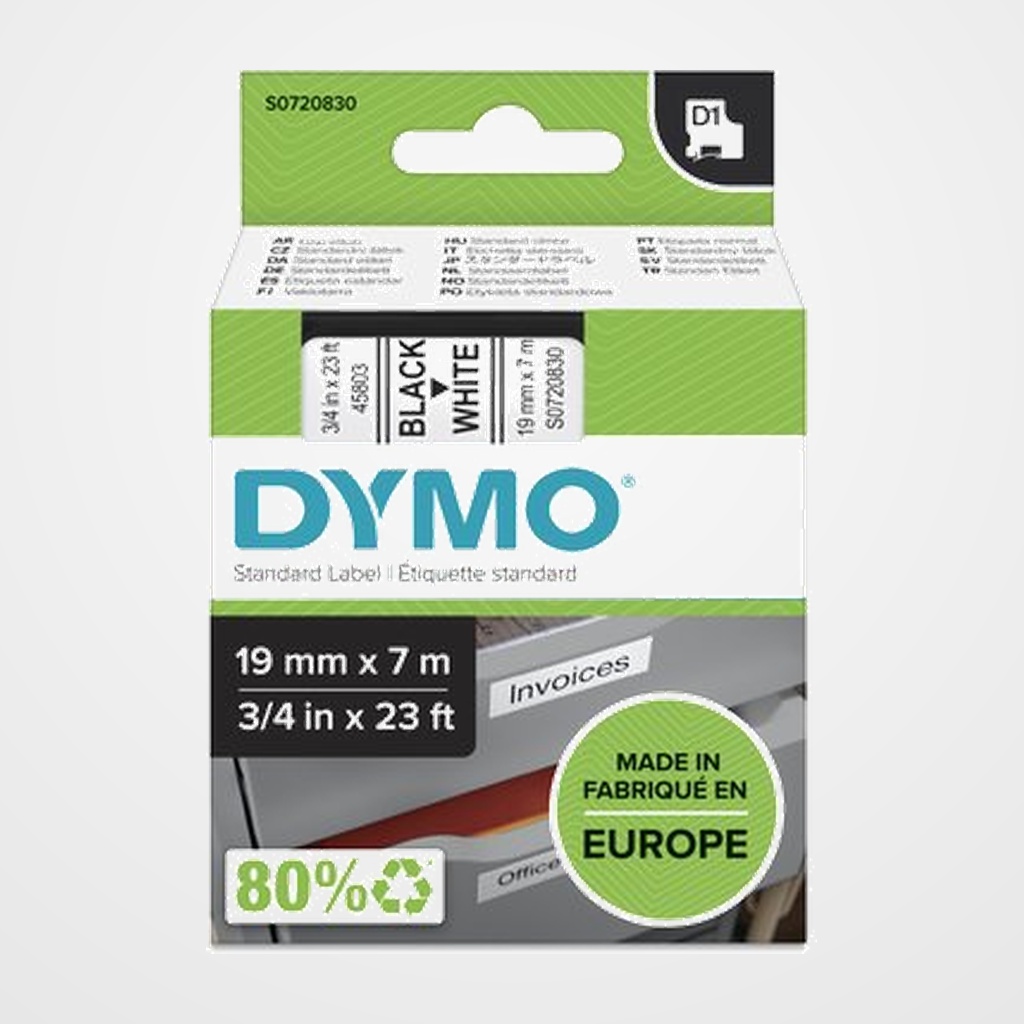 CINTA de ROTULAR DYMO LM D1 7m 19mm NEGRO sobre BLANCO (45803)