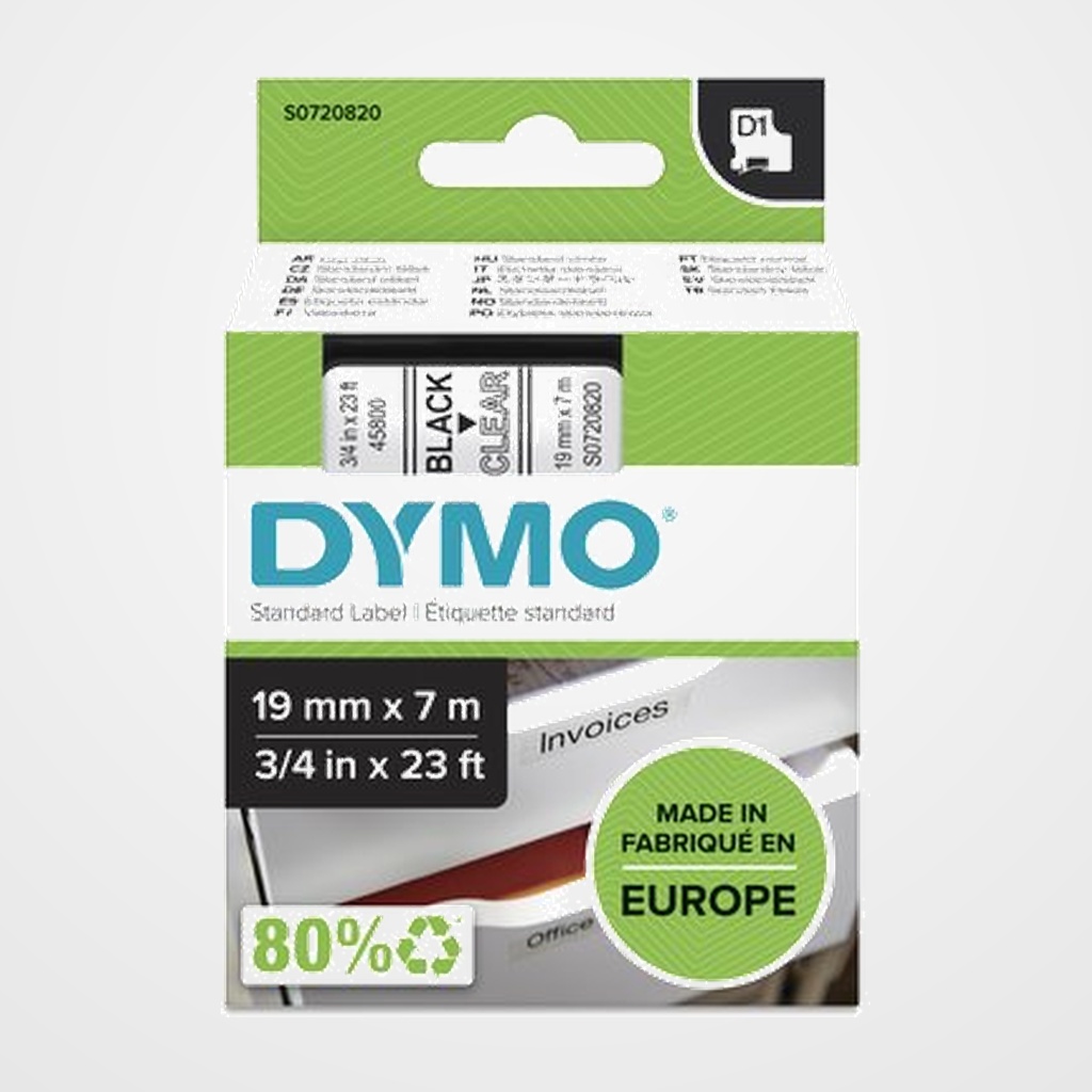 CINTA de ROTULAR DYMO LM D1 7m 19mm NEGRO sobre TRANSPARENTE (45800)