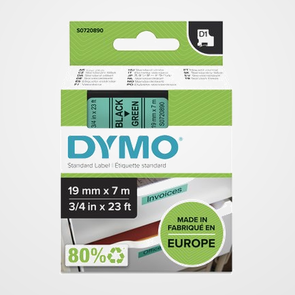 CINTA de ROTULAR DYMO LM D1 7m 19mm NEGRO sobre VERDE (45809)