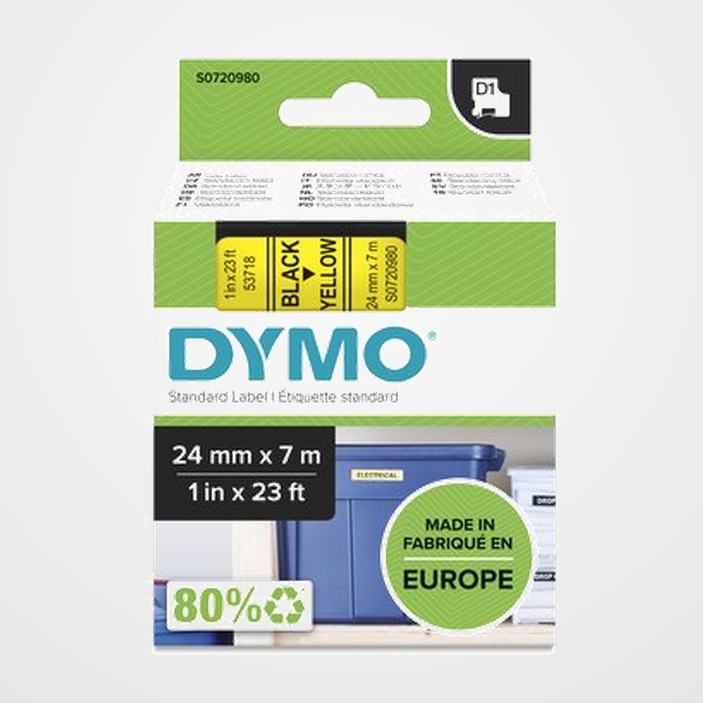 CINTA de ROTULAR DYMO LM D1 7m 24mm NEGRO sobre AMARILLO (53718)