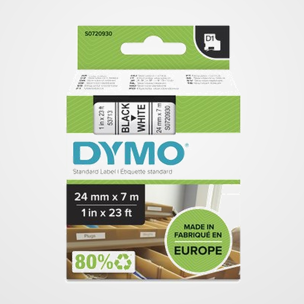 CINTA de ROTULAR DYMO LM D1 7m 24mm NEGRO sobre BLANCO (53713)