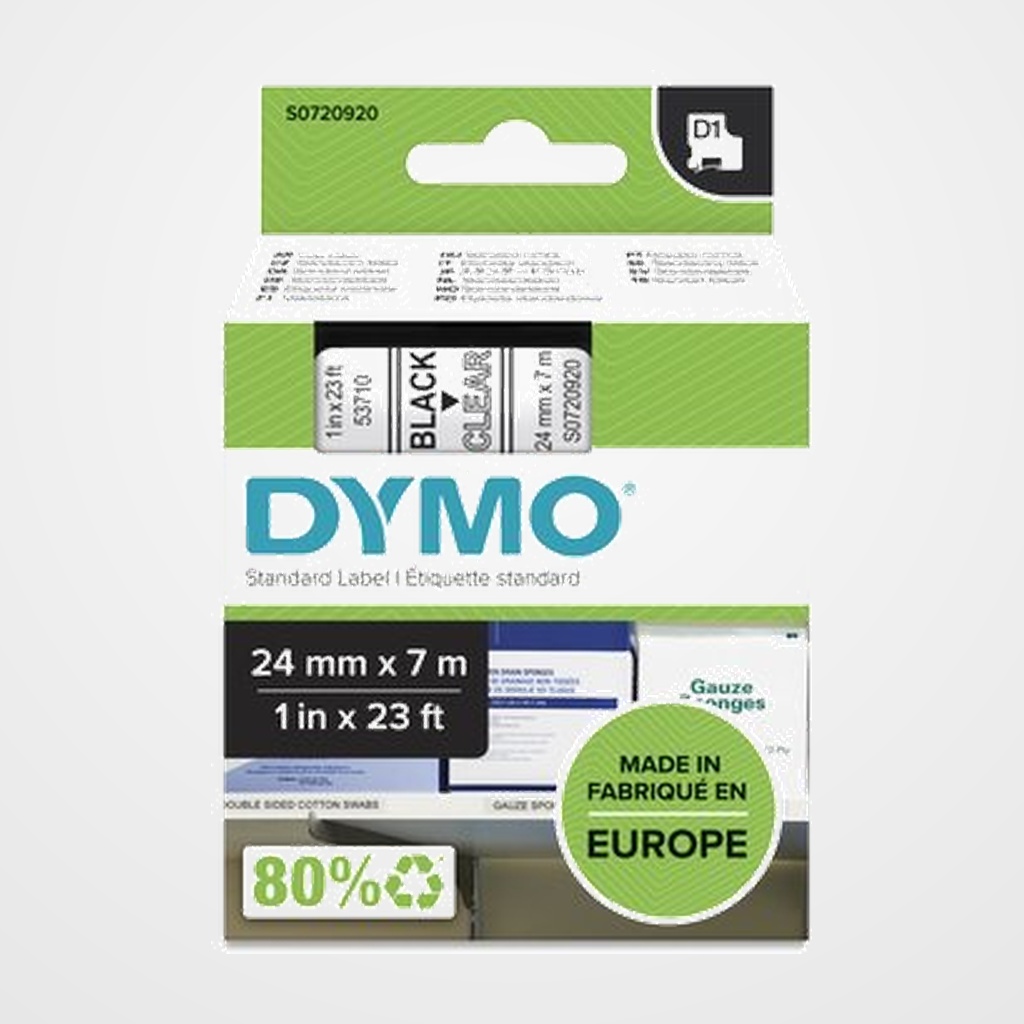 CINTA de ROTULAR DYMO LM D1 7m 24mm NEGRO sobre TRANSPARENTE (53710)