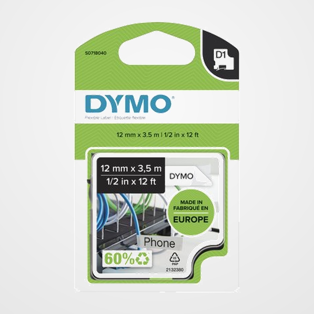 CINTA de ROTULAR DYMO LM D1 NYLON 3,5m 12mm NEGRO sobre BLANCO (16957)