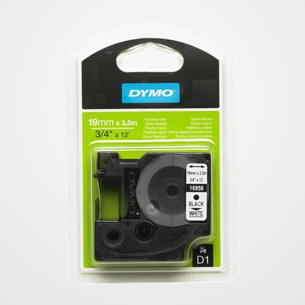 CINTA de ROTULAR DYMO LM D1 NYLON 3,5m 19mm NEGRO sobre BLANCO (16958)