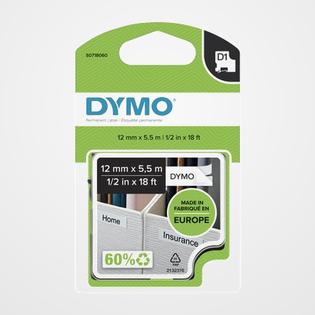 CINTA de ROTULAR DYMO LM D1 POLYESTER 5,5m 12mm NEGRO sobre BLANCO (16959)