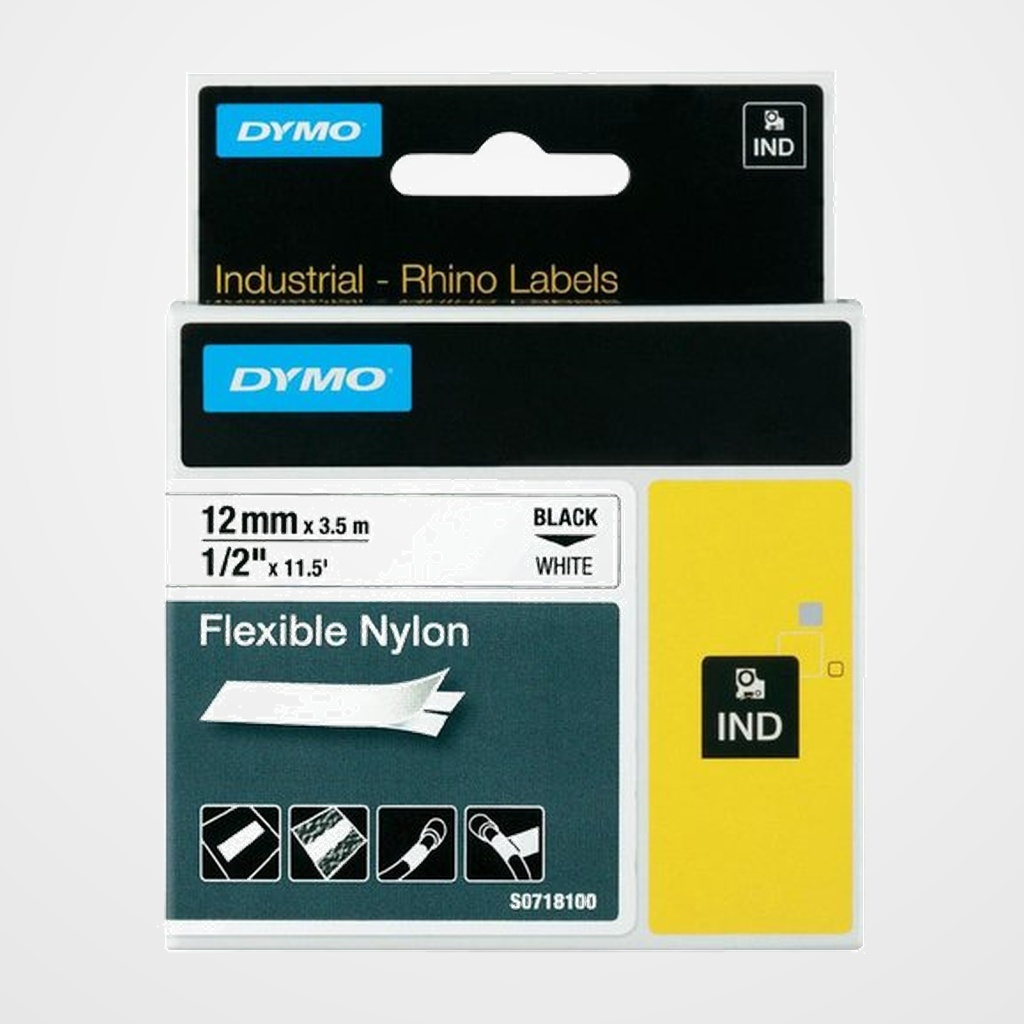 CINTA de ROTULAR DYMO RHINO ID1 NYLON FLEX.3,5m 12mm NEGRO sobre BLANCO (18488)