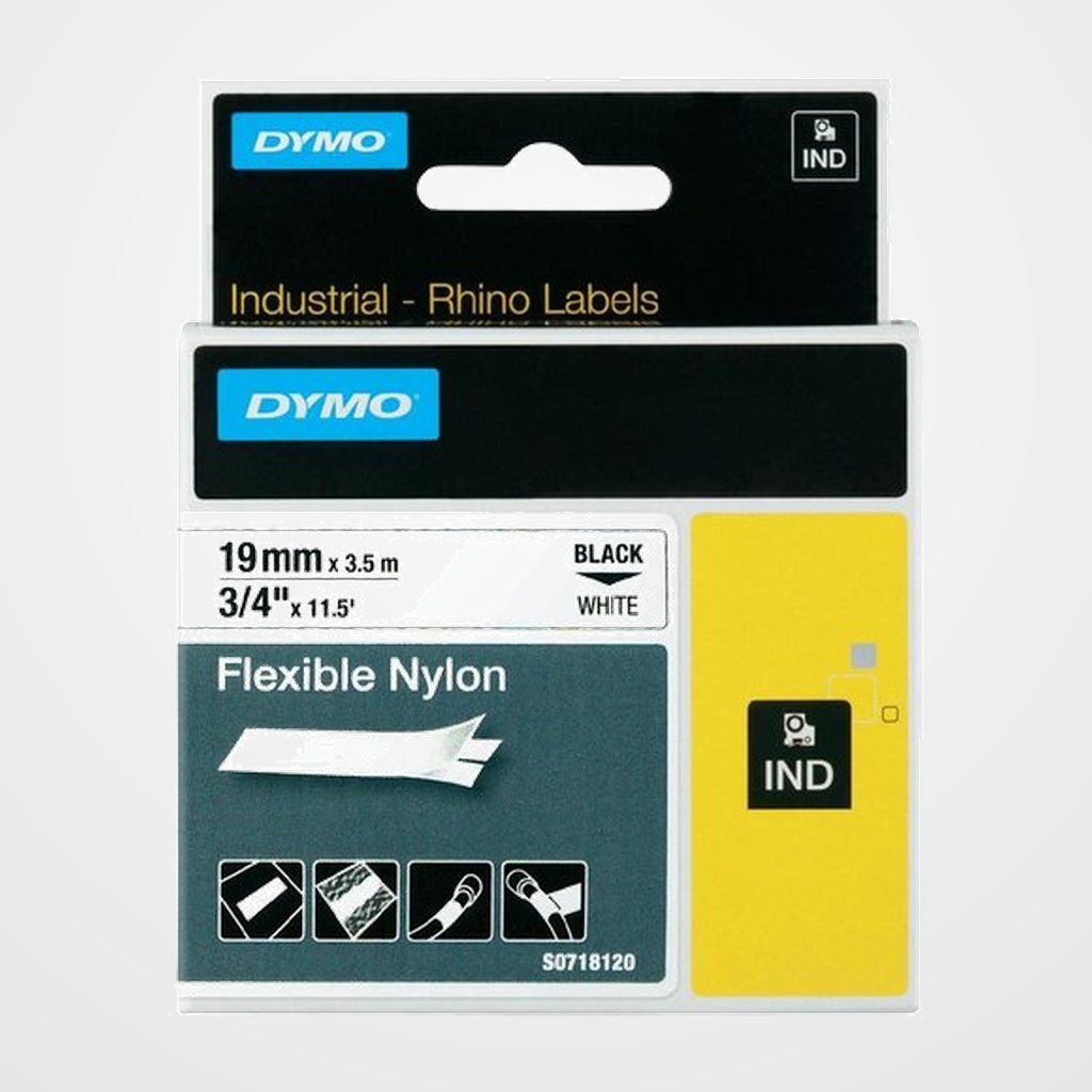 CINTA de ROTULAR DYMO RHINO ID1 NYLON FLEX.3,5m 19mm NEGRO sobre BLANCO (18489)