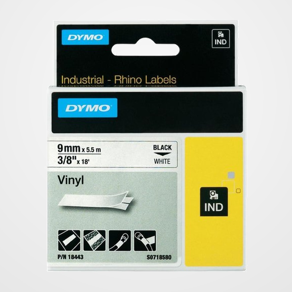 CINTA de ROTULAR DYMO RHINO ID1 VINILO 5,5m  9mm NEGRO sobre BLANCO (18443)