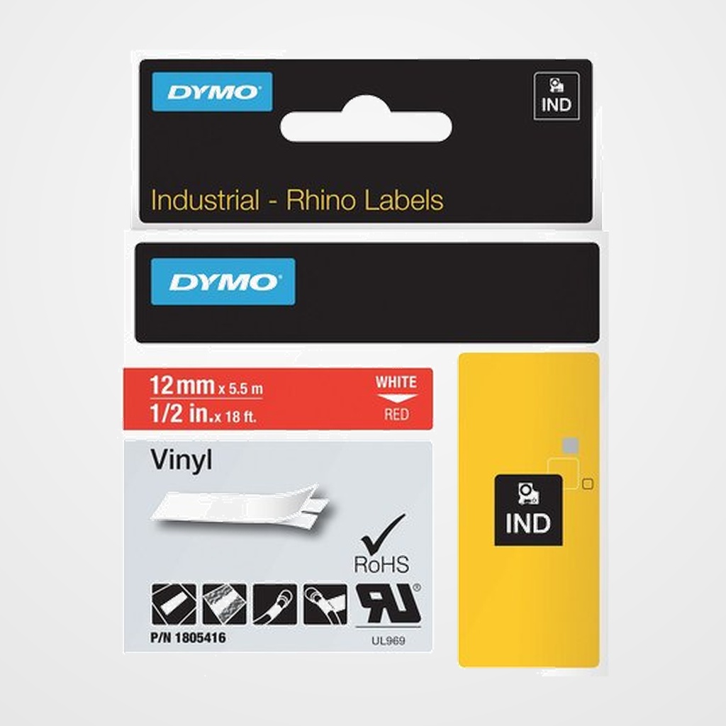 CINTA de ROTULAR DYMO RHINO ID1 VINILO 5,5m 12mm BLANCO sobre ROJO (1805416)