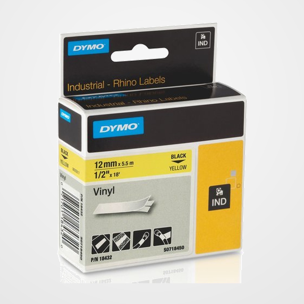 CINTA de ROTULAR DYMO RHINO ID1 VINILO 5,5m 12mm NEGRO sobre AMARILLO (18432)