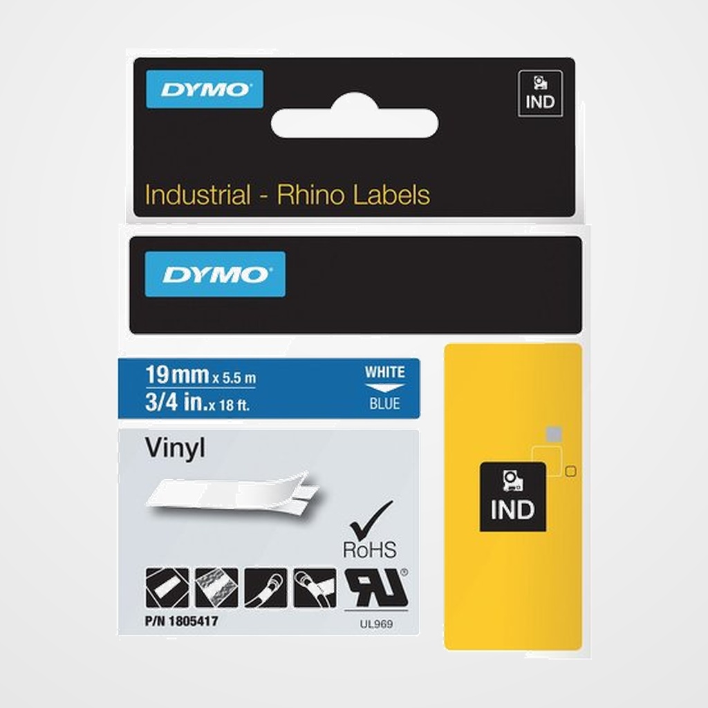 CINTA de ROTULAR DYMO RHINO ID1 VINILO 5,5m 19mm BLANCO sobre AZUL (1805417)