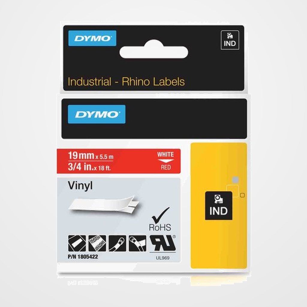 [16103222] CINTA de ROTULAR DYMO RHINO ID1 VINILO 5,5m 19mm BLANCO sobre ROJO (1805422)