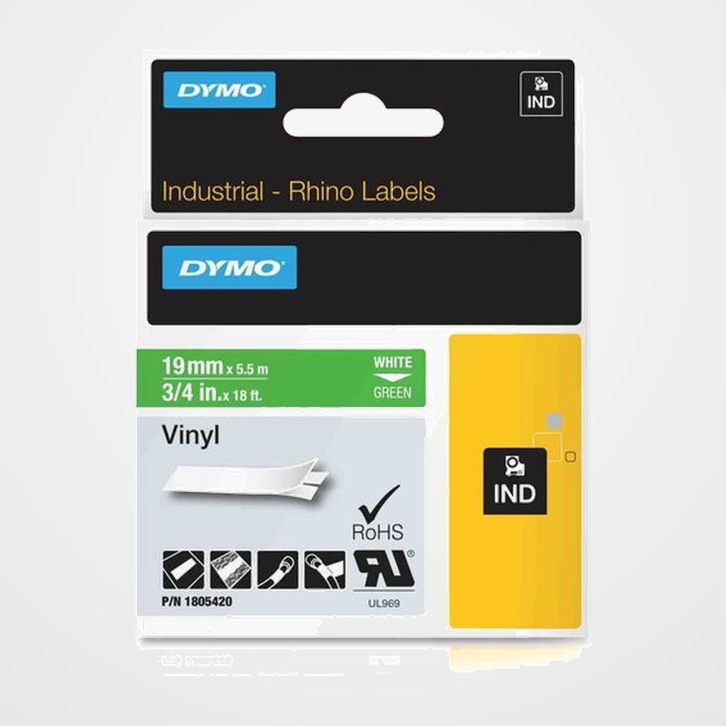 [16103221] CINTA de ROTULAR DYMO RHINO ID1 VINILO 5,5m 19mm BLANCO sobre VERDE (1805420)