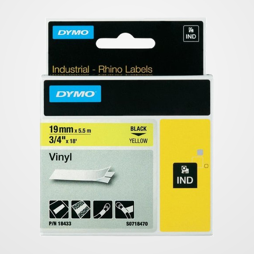 CINTA de ROTULAR DYMO RHINO ID1 VINILO 5,5m 19mm NEGRO sobre AMARILLO (18433)