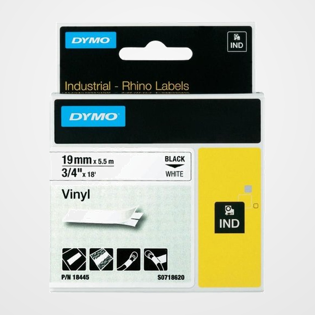 CINTA de ROTULAR DYMO RHINO ID1 VINILO 5,5m 19mm NEGRO sobre BLANCO (18445)