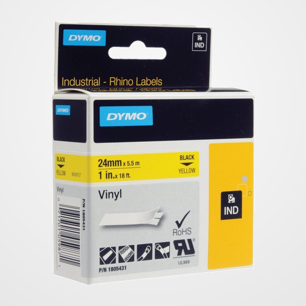 CINTA de ROTULAR DYMO RHINO ID1 VINILO 5,5m 24mm NEGRO sobre AMARILLO (1805431)