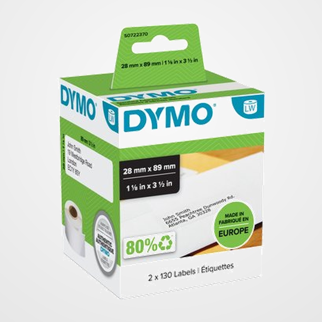 ETIQUETAS DYMO LABEL WRITER  28x89 mm PACK 2 ROLLOS 130 uds.PAPEL BLANCO DIRECCION (99010)