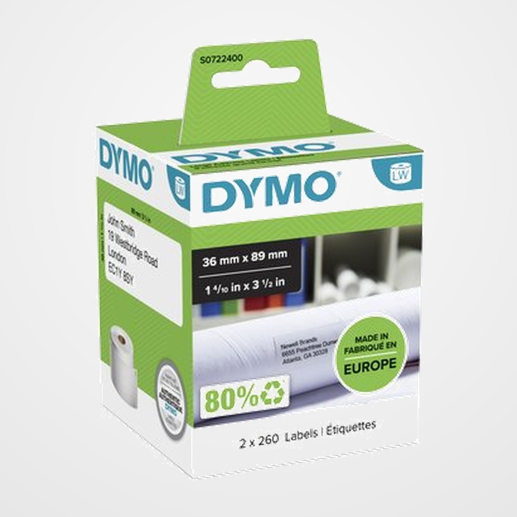 ETIQUETAS DYMO LABEL WRITER  36x89 mm PACK 2 ROLLOS 260 uds.PAPEL BLANCO DIRECCION (99012)