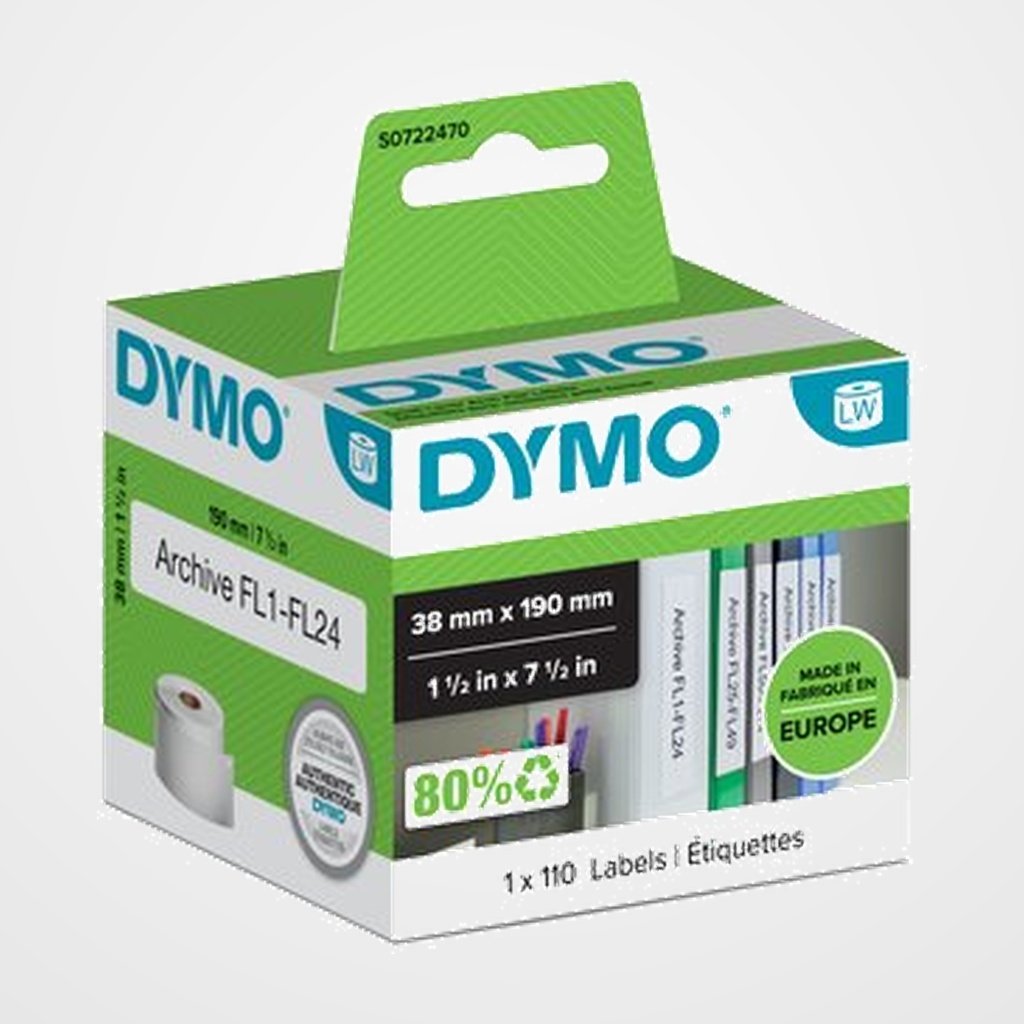 ETIQUETAS DYMO LABEL WRITER  38x190 mm ROLLO 110 uds.PAPEL BLANCO LOMO ARCHIVADOR (99018)