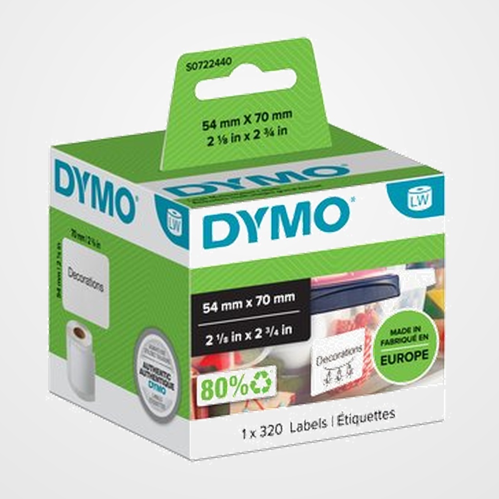 ETIQUETAS DYMO LABEL WRITER  54x70 mm ROLLO 320 uds.PAPEL BLANCO MULTIFUNCION/DISKETTE (99015)