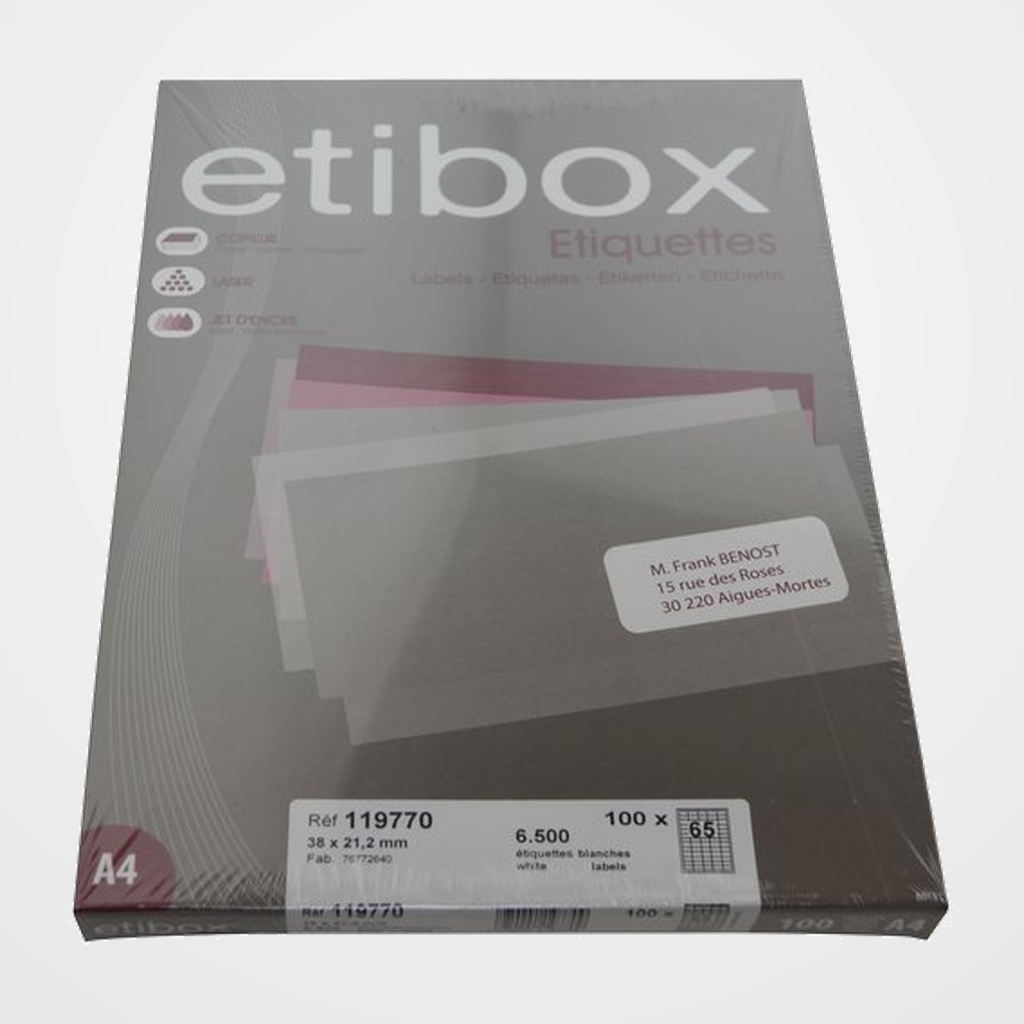 ETIQUETAS ADH.IMPR. A4 BLANCA CAJA 100h C.RECTOS  38x21,2 mm 6.500 uds.