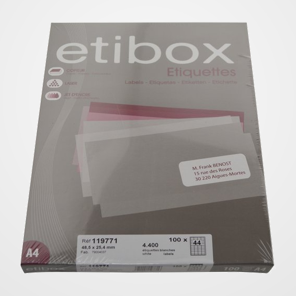 ETIQUETAS ADH.IMPR. A4 BLANCA CAJA 100h C.RECTOS  48,5x25,4 mm 4.400 uds.