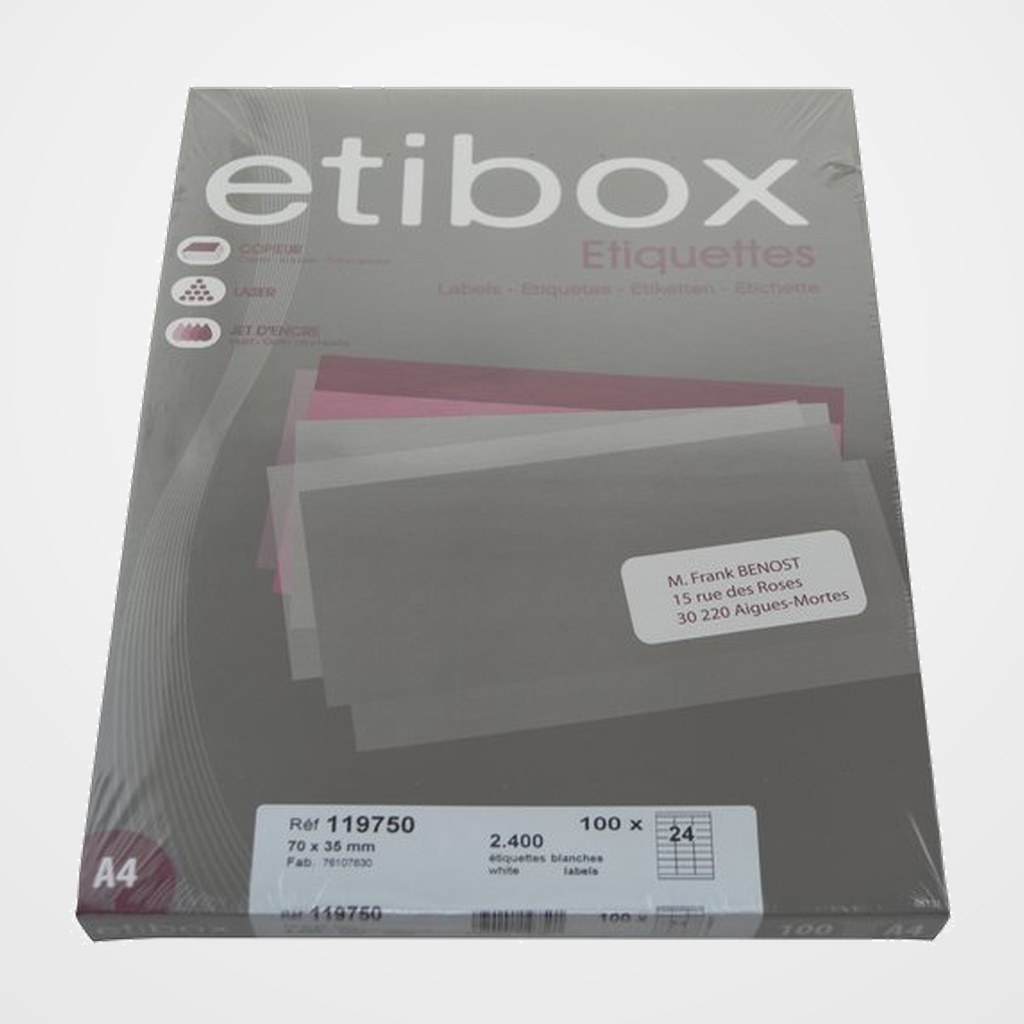 ETIQUETAS ADH.IMPR. A4 BLANCA CAJA 100h C.RECTOS  70x35 mm 2.400 uds.