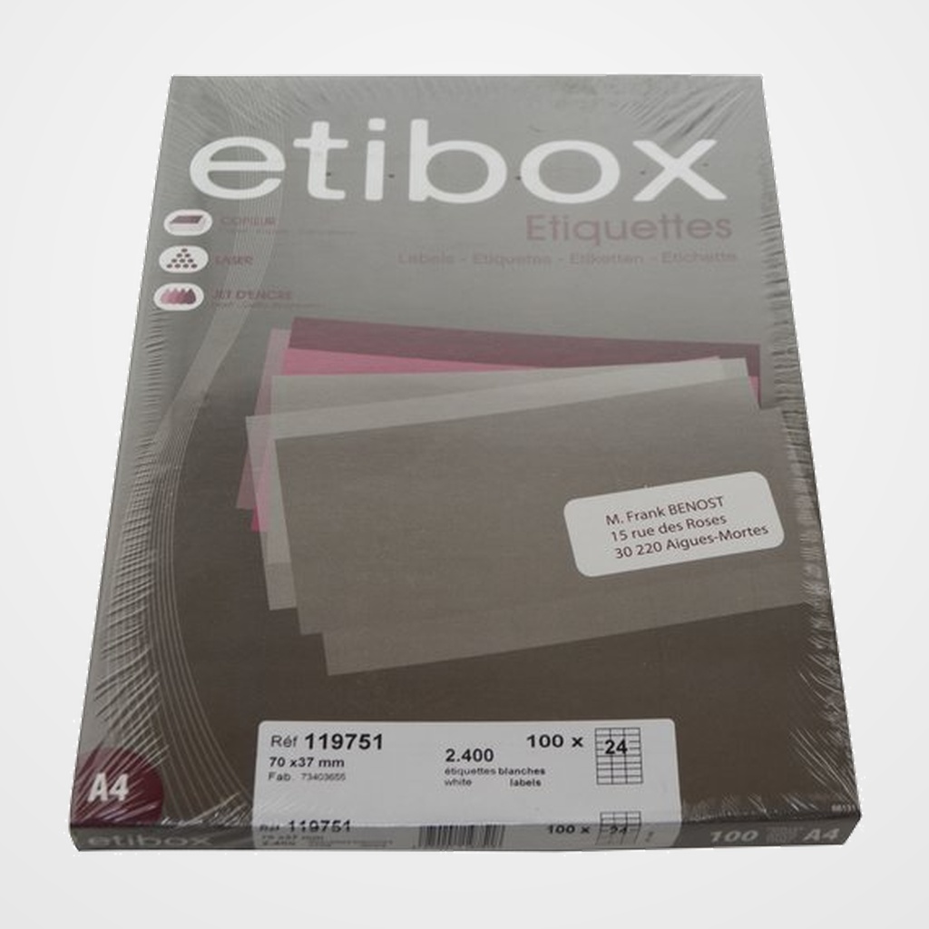 ETIQUETAS ADH.IMPR. A4 BLANCA CAJA 100h C.RECTOS  70x37 mm 2.400 uds.