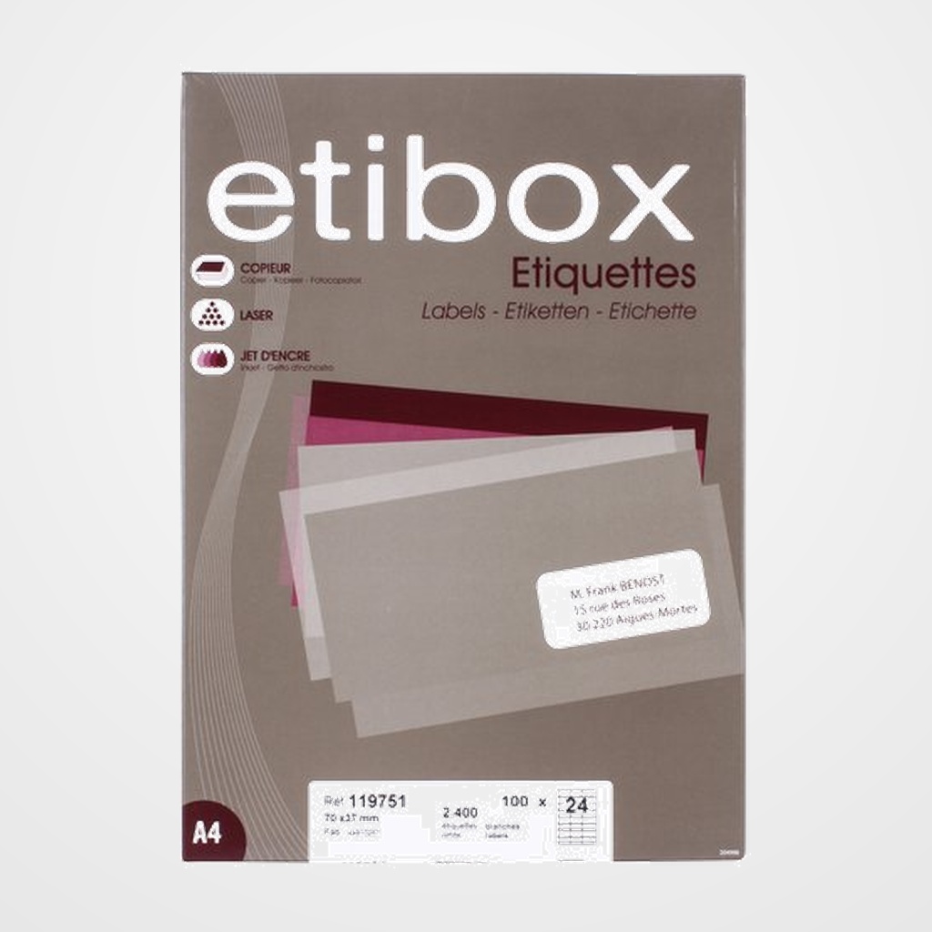 ETIQUETAS ADH.IMPR. A4 BLANCA CAJA 100h C.RECTOS 105x 35 mm 1.600 uds.